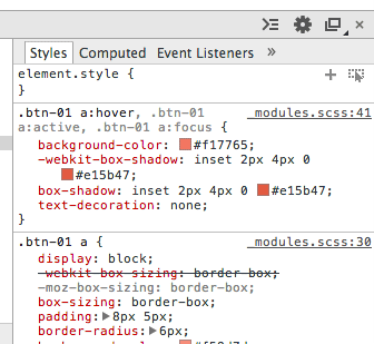 Chrome Developer Toolsで、ベンダープリフィックスが付いたプロパティを含むセレクタの後に定義されたスタイルを確認している画面