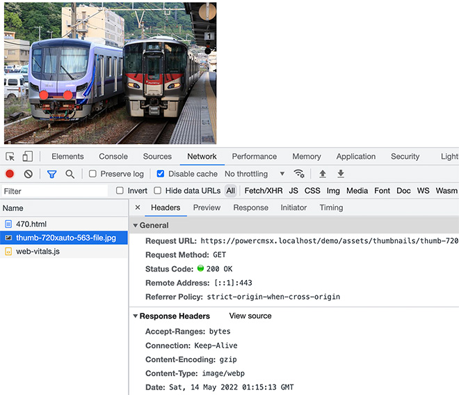 画面キャプチャ：高精細ディスプレイで720pxのサムネイル画像がWebP形式で送信されてきた画面